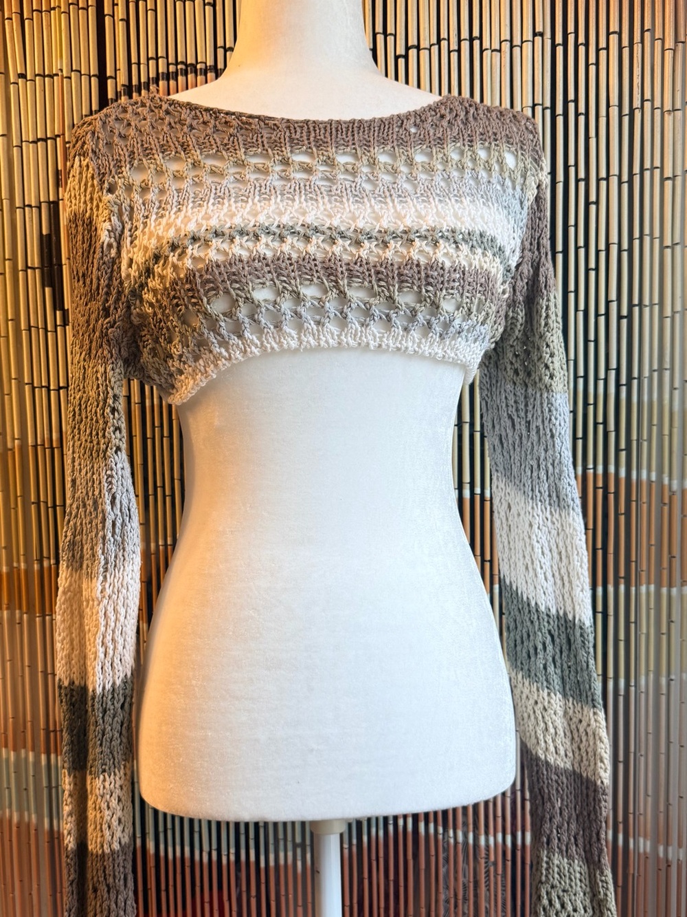 BDG Cropped Off-Shoulder Striped Open-Knit Sweater in Cream, Taupe, Brown